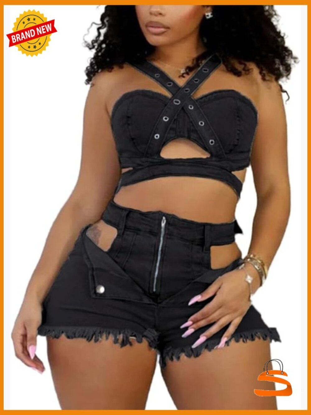 Stretchy Denim Crop Top & Bodycon Shorts 2 Piece Set Clubwear